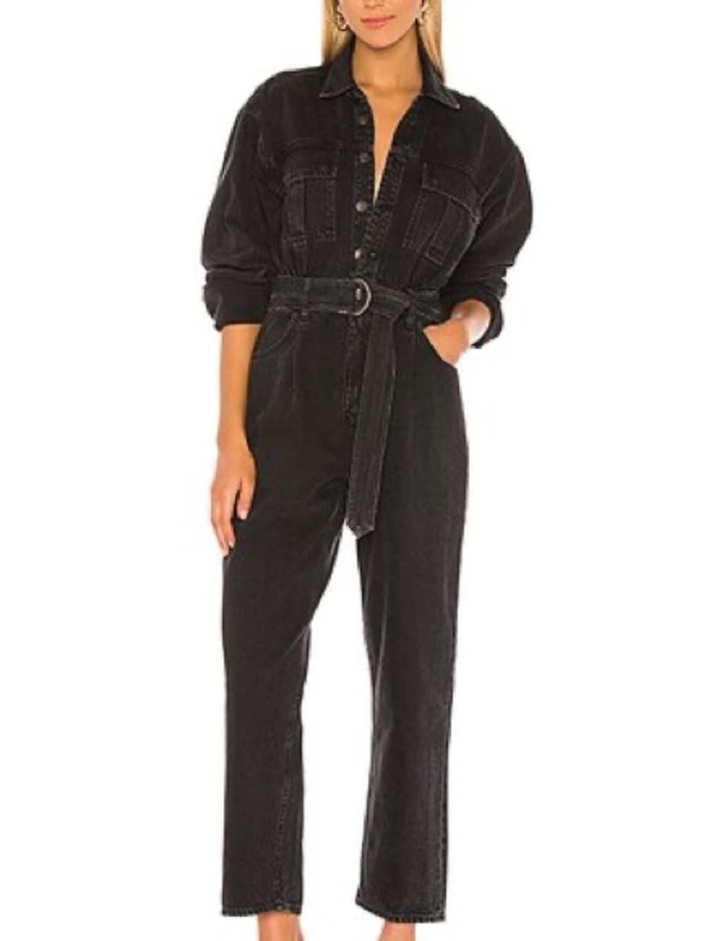 Agolde Tatum Black Denim Belted Jumpsuit